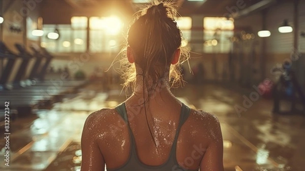 Obraz Woman's back glistening with sweat during intense workout in dimly lit gym