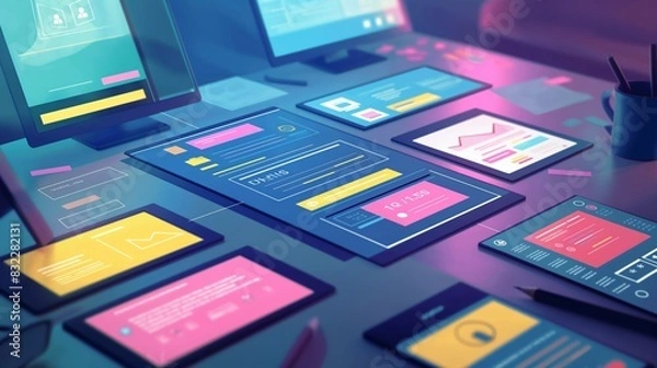 Obraz A user interface designera??s workspace, with screens showing prototypes of a mobile app interface being tested and refined.