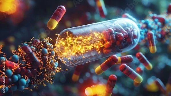 Fototapeta A visualization of a nanofabricated drug delivery system, showing a capsule designed to release its contents precisely at the site of disease.
