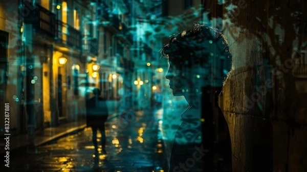 Obraz Night city, quiet alley, mysterious vibe, close up, focus on, copy space, moody tones, Double exposure silhouette with shadows