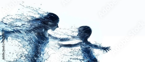 Fototapeta children play in the water splash isolated on white with free space for editing, motion concept