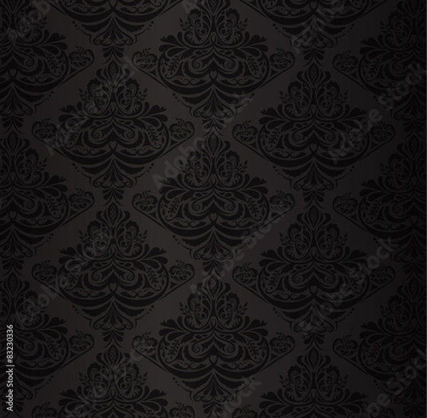 Fototapeta Black damask pattern with vintage floral ornament