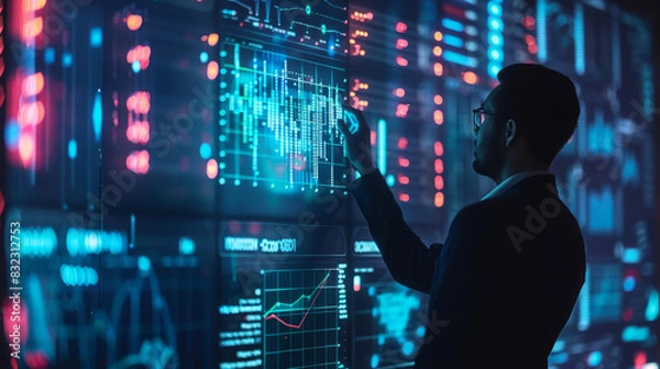 Fototapeta Businessman analyzing big data with AI technology on digital screen