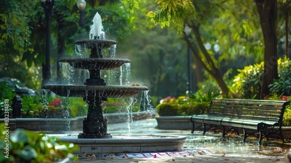 Fototapeta Tranquil park scene with a charming fountain surrounded by lush greenery and a bench, perfect for a peaceful getaway.