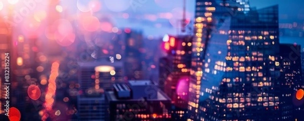 Fototapeta Vibrant cityscape at dusk, showcasing illuminated skyscrapers and blurred urban lights in a stunning display of metropolitan life.