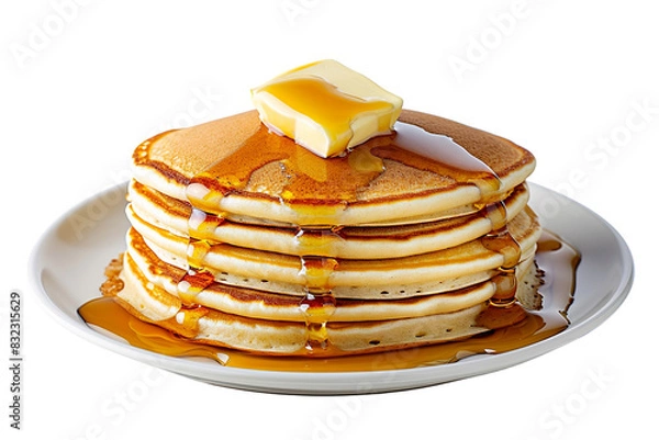 Fototapeta Stack of Pancakes with Syrup and Butter on Plate isolated on transparent or white background, png