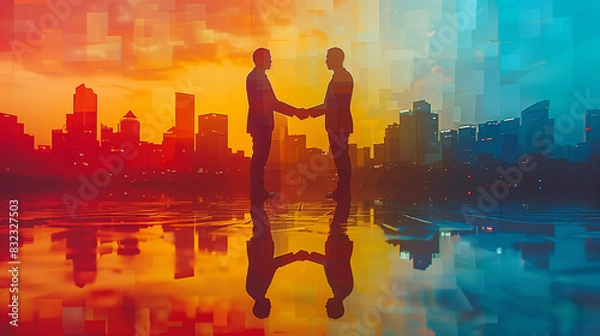 Fototapeta Silhouetted businessmen shaking hands against a vibrant cityscape background, symbolizing partnership and agreement in a modern urban setting.
