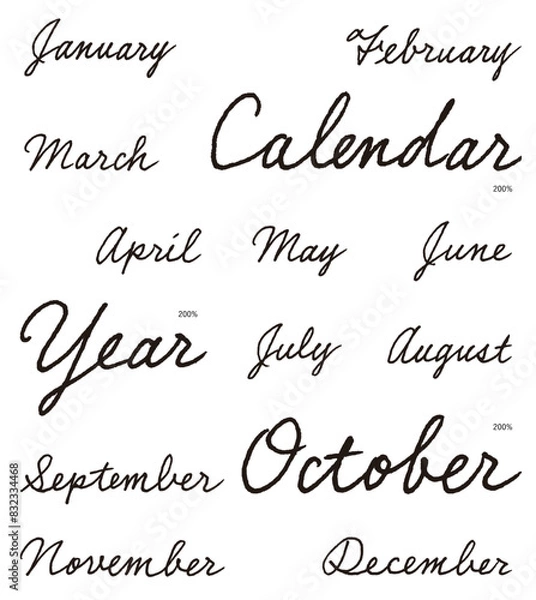 Obraz 手書き筆記体の月の英語名。グラフィック デザイン、カレンダー、パーツ。