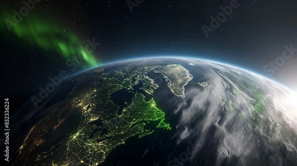 Fototapeta A realistic Earth viewed from space, showing regions illuminated by green light to symbolize areas utilizing renewable energy extensively. 