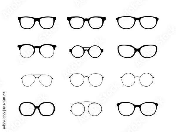 Fototapeta Set of Eyeglasses Silhouette in various poses isolated on white background