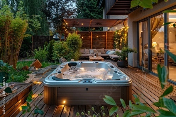 Fototapeta  Step into a peaceful sanctuary with a hot tub nestled in a backyard oasis, offering a wooden deck, cozy seating, and abundant greenery