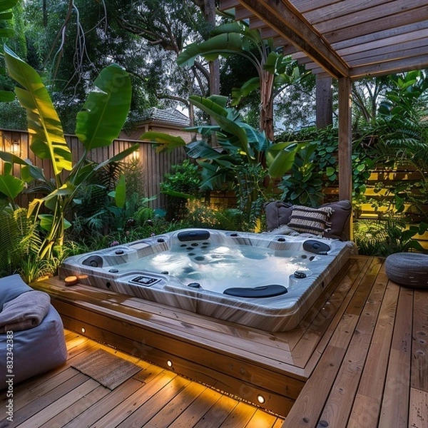 Fototapeta  Step into a peaceful sanctuary with a hot tub nestled in a backyard oasis, offering a wooden deck, cozy seating, and abundant greenery