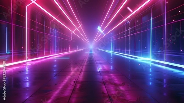 Obraz An abstract futuristic background with colorful laser beams, glowing lines, light rays on a dark backdrop. This digital illustration resembles an illuminated tunnel or stage for show presentations.