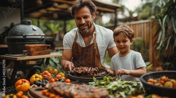 Obraz Father with little son grilling outside during family summer garden party