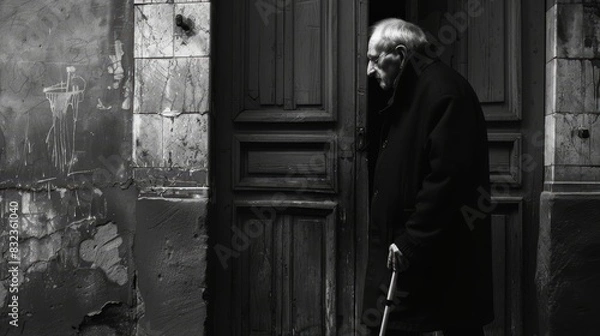Fototapeta An elderly man in a coat walks out of a wooden door with a cane. The image is in black and white.