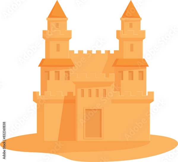 Fototapeta Colorful cartoon vector illustration of a playful sandcastle on a sunny beach. Designed with simple. Flat. And cute graphic art