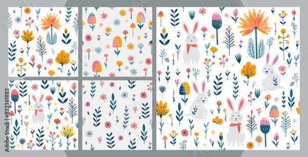 Fototapeta Set of vector colorful seamless Easter pattern with hand drawn flower.