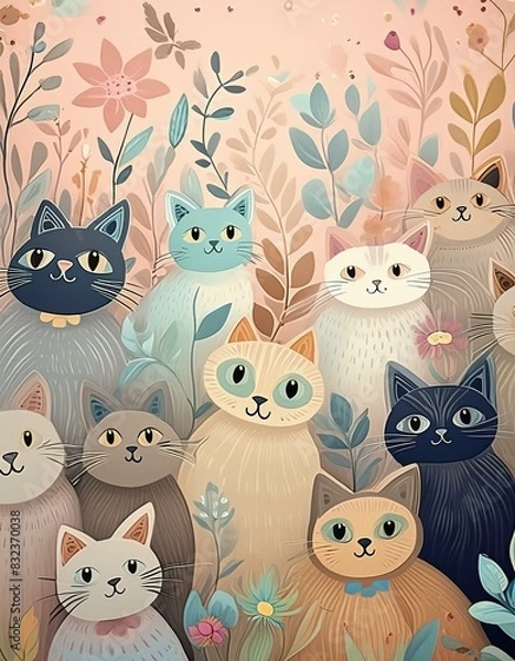 Fototapeta いろいろな猫たちが並んで集まったイラスト
