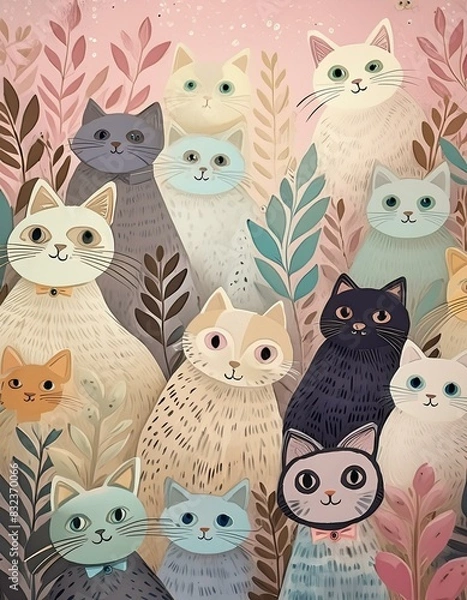 Fototapeta いろいろな猫たちが並んで集まったイラスト
