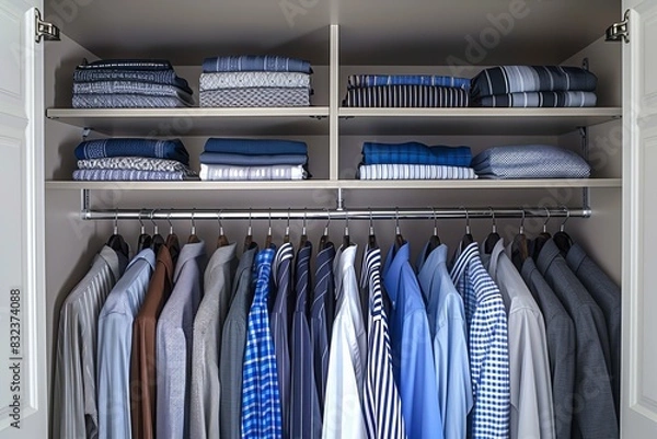Fototapeta Assortment of various garments on diverse wardrobe hangers for organized closet display