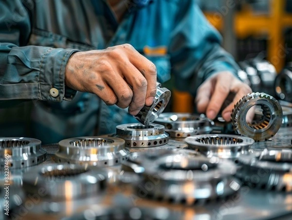 Fototapeta A mechanic's hands carefully inspect metal parts in a factory setting.  The image conveys precision and detail in manufacturing.