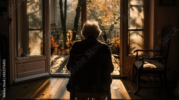 Fototapeta Silhouette of an elderly woman sitting in a chair by a window, looking out at the autumn foliage.