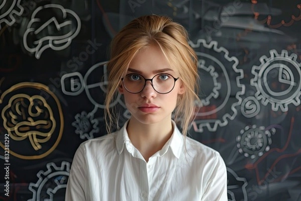 Fototapeta a image of a woman with glasses standing in front of a chalkboard