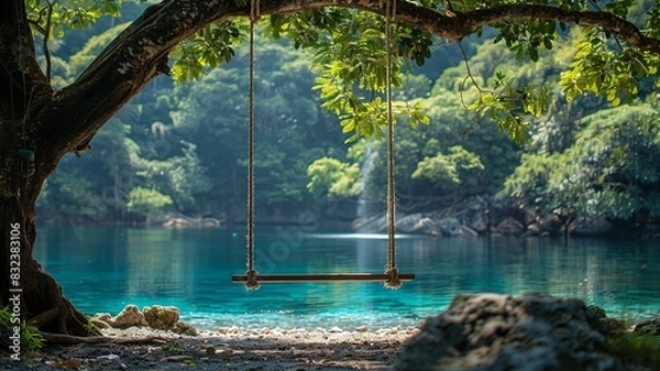 Fototapeta Relax on a peaceful swing above a pristine lagoon, gently swaying in the breeze while enjoying the stunning views of tranquil waters below