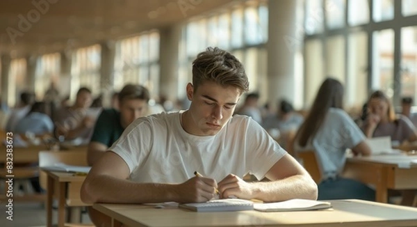 Fototapeta high school or university student holding pencil writing on paper answer sheet taking final exam attending in examination room or classroom