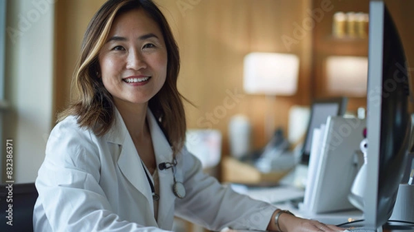 Obraz Female doctor standing in hospital, working on computer