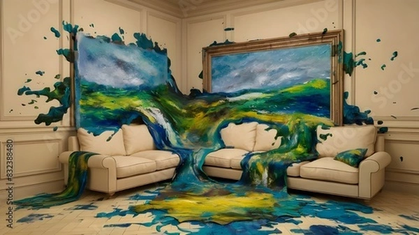 Fototapeta Moderne kunst schilderij over sofa, 3D render