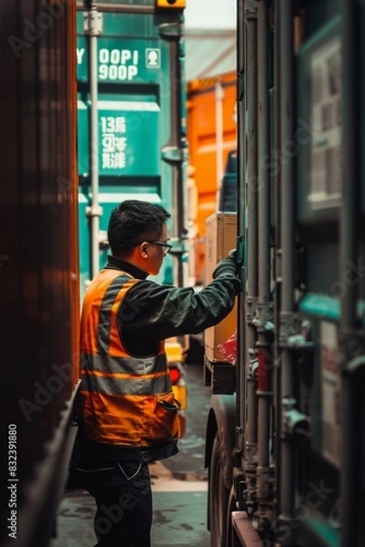 Fototapeta A truck driver loading cargo into a container