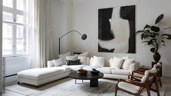 Obraz A living room with a black and white abstract painting on the wall