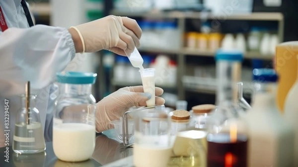 Fototapeta Science banner or background of nutritionist test milk delves quality analysis in laboratory of nutrition, lactose, protein fat percentage, test dairy product for allergic, microbiology and bacterial