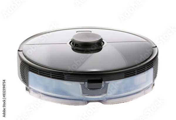 Fototapeta Robot Vacuum Isolated on White. Modern Autonomous Smart Robotic Vacuum Cleaner or Roomba. Self-Drive Cleaning Robot. Floor Cleaning System. Small Household & Domestic Appliances