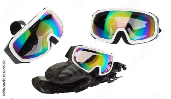 Fototapeta ski equipment goggles with gloves isolated on white clipping path
