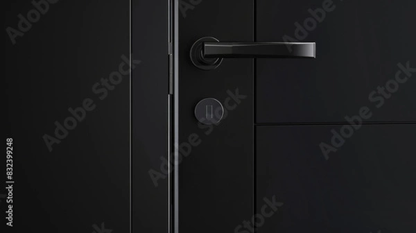 Fototapeta Interior black door with a modern metal door handle, in a dark interior.