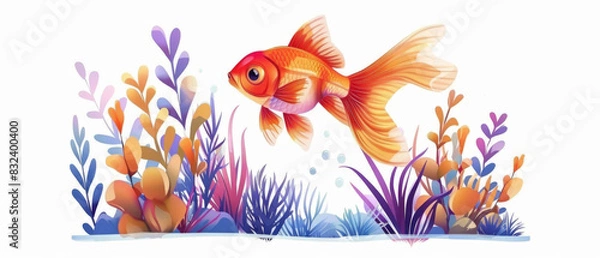 Obraz Vibrant watercolor illustration of a goldfish swimming among colorful aquatic plants creating a serene underwater scene.