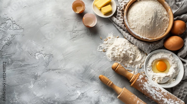 Fototapeta Top view of a gray background with culinary ingredients, flour, eggs, oils and kitchen textiles. Copy space. Baking ingredients. Cooking concept.