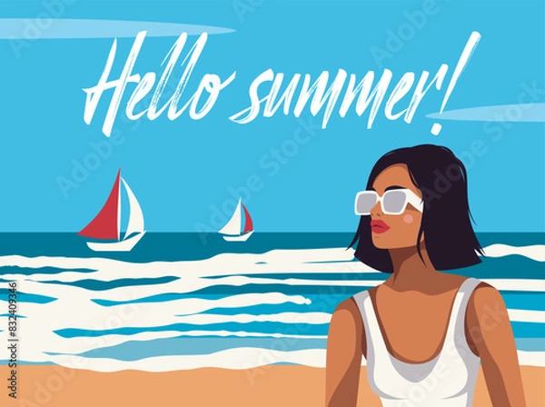 Fototapeta Vector illustration hello summer. A woman on vacation in a swimsuit sunbathes on the beach. Sea, sky, boat, sandy shore, girl. Template on the theme of tourism for a poster, social networks