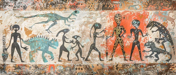 Fototapeta Ancient Cave Art Depicting Alien-like Figures Intricate Rock Paintings Showcasing Mysterious Anthropomorphic Creatures in a Historic Archaeological Setting Wallpaper Digital Art Poster Brainstorming