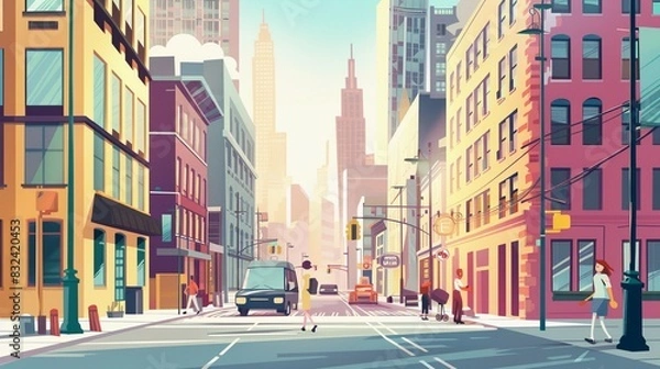 Obraz 一点透視図法で、高いビルの並んだ都市の景観のポップなイラスト