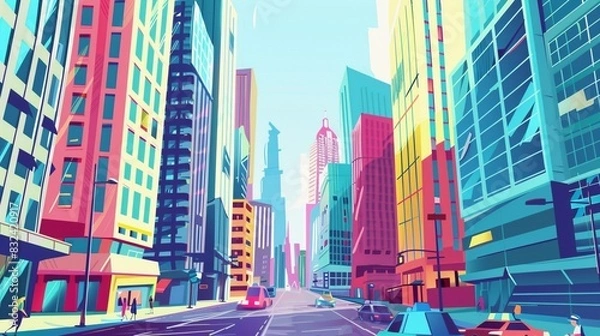 Obraz 一点透視図法で、高いビルの並んだ都市の景観のポップなイラスト