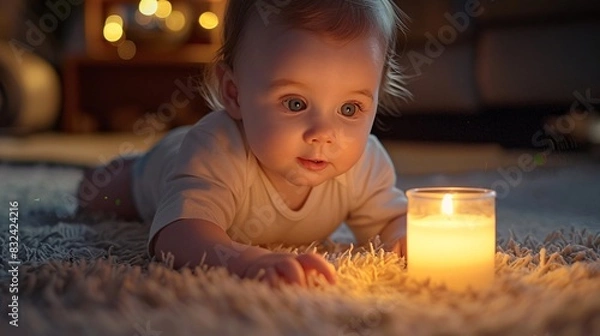 Fototapeta Curious Baby Discovering Fire - Innocent Infant Captivated by Candle Flame in Home Setting