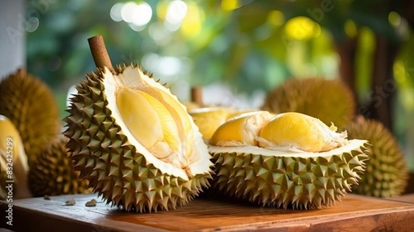 Fototapeta Closeup of durian showcasing its sweet taste and distinctive aroma selective focus, tropical delight, ethereal, overlay, fruit market backdrop
