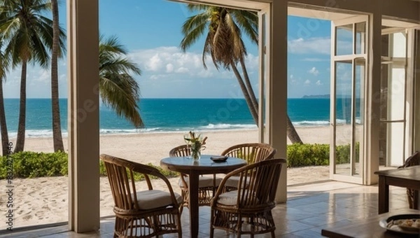 Fototapeta Beach view with palm trees and ocean, table by the sea