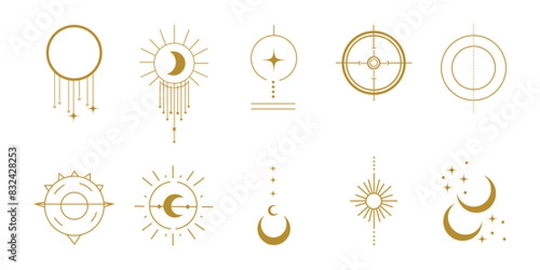 Obraz Set of  line art celestial and esoteric icons, vector illustration, white isolated background, gold color palette, thin lines, simple shapes, minimalistic design elements, moon phases, dreamcatcher sy