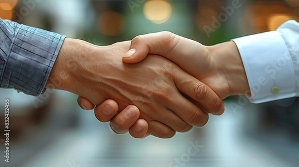 Fototapeta Detailed close-up of a handshake between hands of different ethnicities, focusing on hand textures and elegant cufflinks, blurred neutral office background, professional and inclusive.