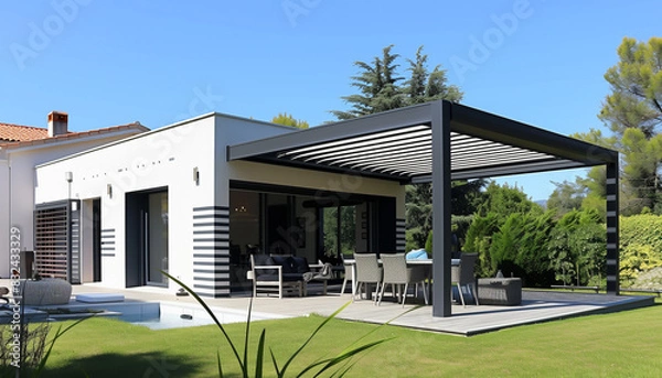 Obraz Projet de construction d'une véranda ou pergola bioclimatique pour une maison d'habiation moderne blanche