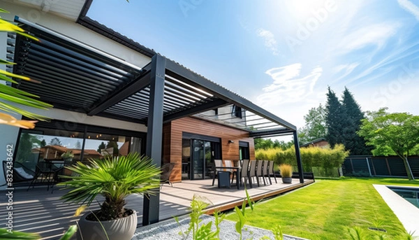 Obraz Projet de construction d'une véranda ou pergola bioclimatique pour une maison d'habiation moderne blanche